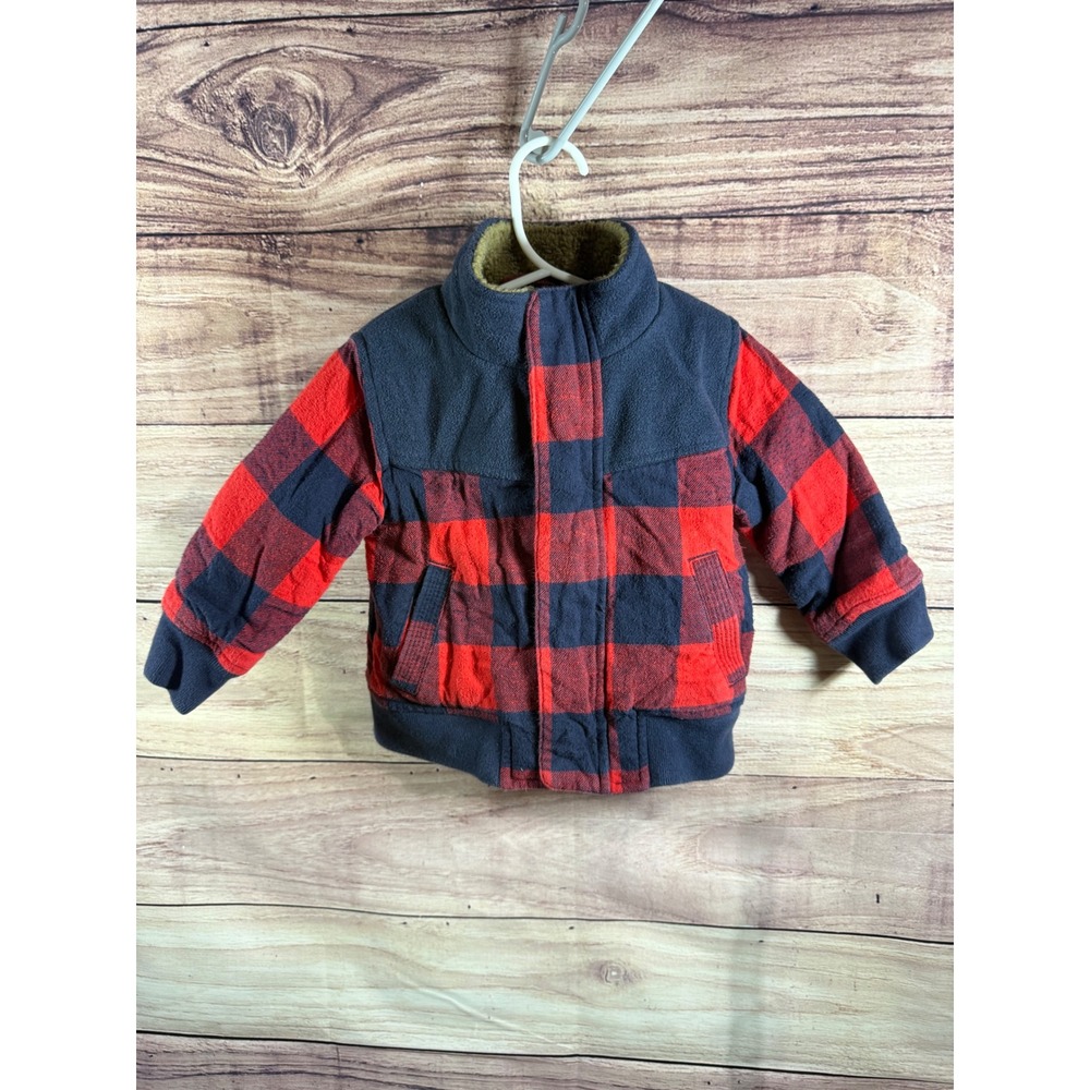 OshKosh Bgosh Toddler Boys Red Navy Buffalo Plaid Fleece Sherpa Lined Jacket 24M
